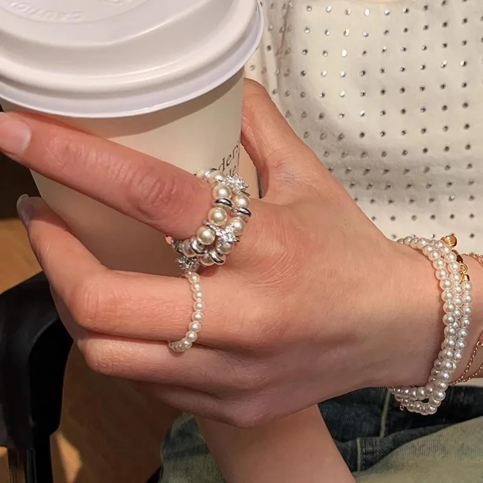 Ring Ringe Damen Bijouterie Herren Vintage Doppellagiger Perlenring Für Damenmode Nischendesign Exquisite Elastizität Verstellbares Schmuckzubehör