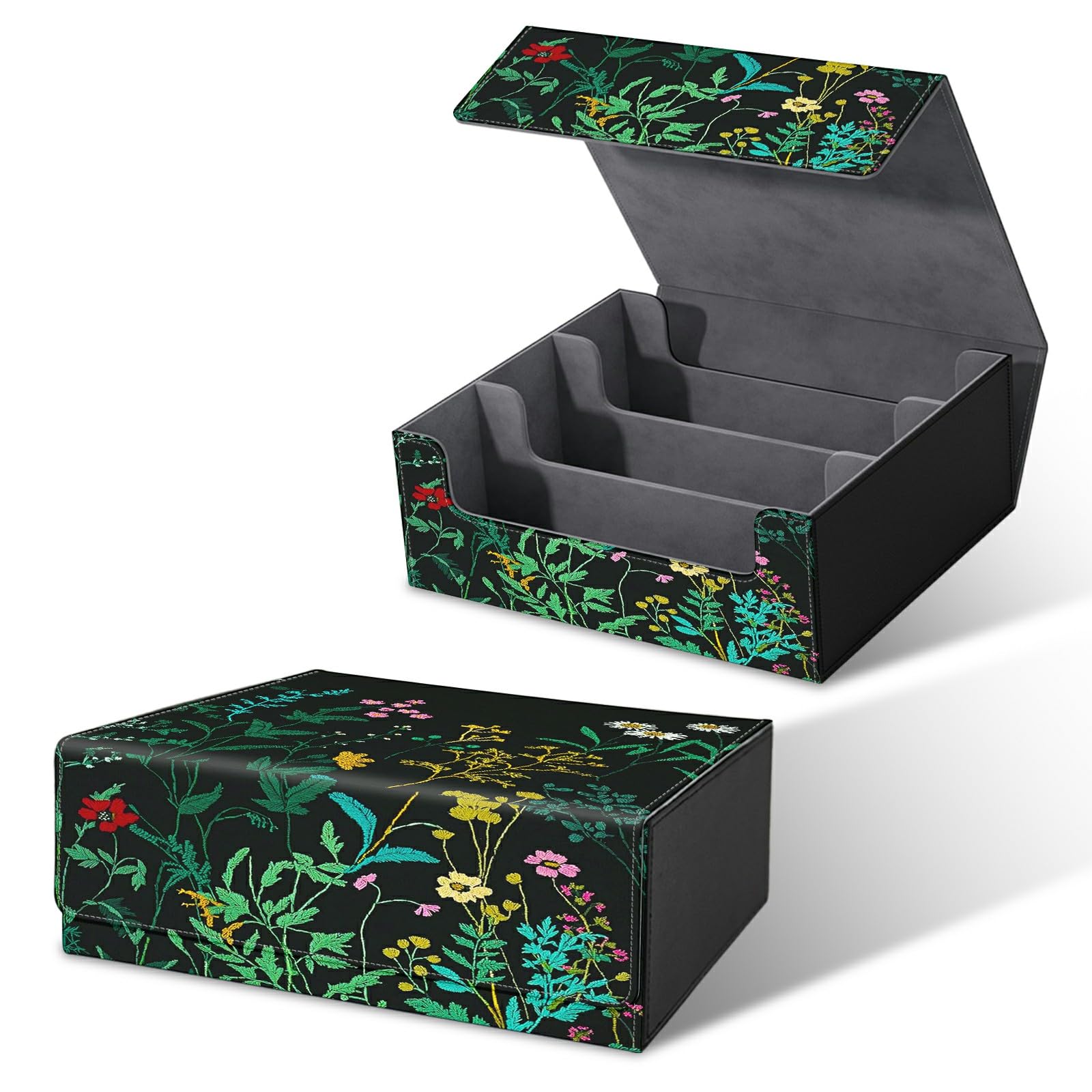 RWUTYTIUL Card Deck Box for MTG, Cards Storage Box Fits 120+ Sleeved, Leather Big Size Strong Magnetic Closing Case for Board Games Magic TCG CCG Baseball Collection Women Man, Green Wildflowers