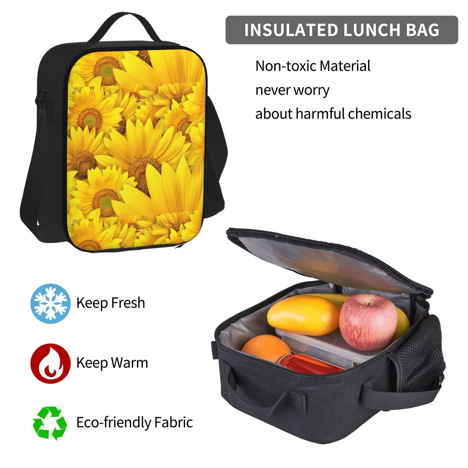 Juego de mochilas escolares 3 en 1 de lona con estampado de girasoles, bolsa de almuerzo, estuche para lápices para hombres y mujeres