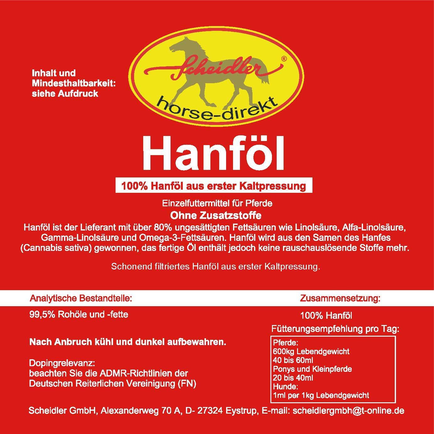 Hanföl 3 x 1 L für Pferde & Hunde – 100% kaltgepresstes Barföl aus dem Cannabis Sativa Samen – Naturprodukt ohne Zusatz – inkl. Dosierkappe