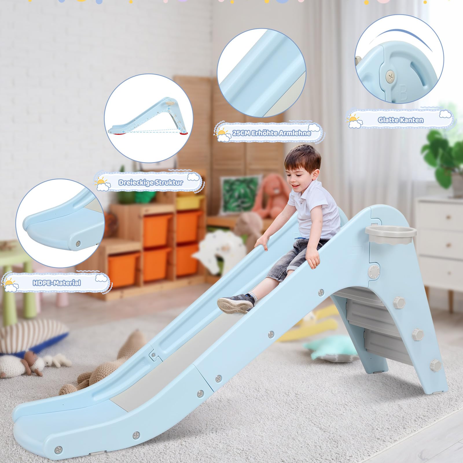 Toboganes Infantiles Interior, Tobogan Bebe 190CM, Tobogán para Niños con aro de Baloncesto y Contera, Toboganes Infantiles para Parque Interior y Exterior, Tobogán Infantiles de 1-6 año,Azul Grisáceo