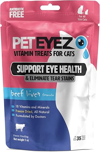 Golosinas vitamínicas para gatos  Removedor de manchas de lágrimas  Apoyo para la salud ocular  Reduce la picazón y las alergias  Sabor a hígado de