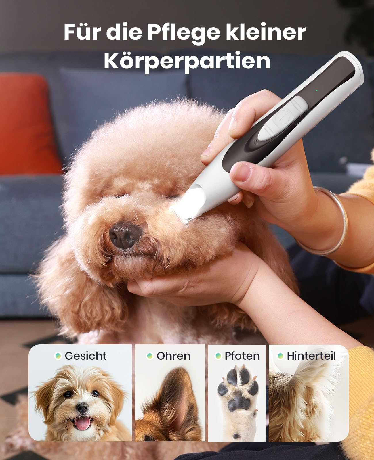 oneisall 2in1 Pfotentrimmer für Hunde + Krallenschleifer für Hunde | Leise 35dB, 2-LED-Leuchte, USB-C, 150 Minuten Laufzeit, 2 Drehzahlen (6500/7500 U/min), für Kleine und Mittelgroße Hunde