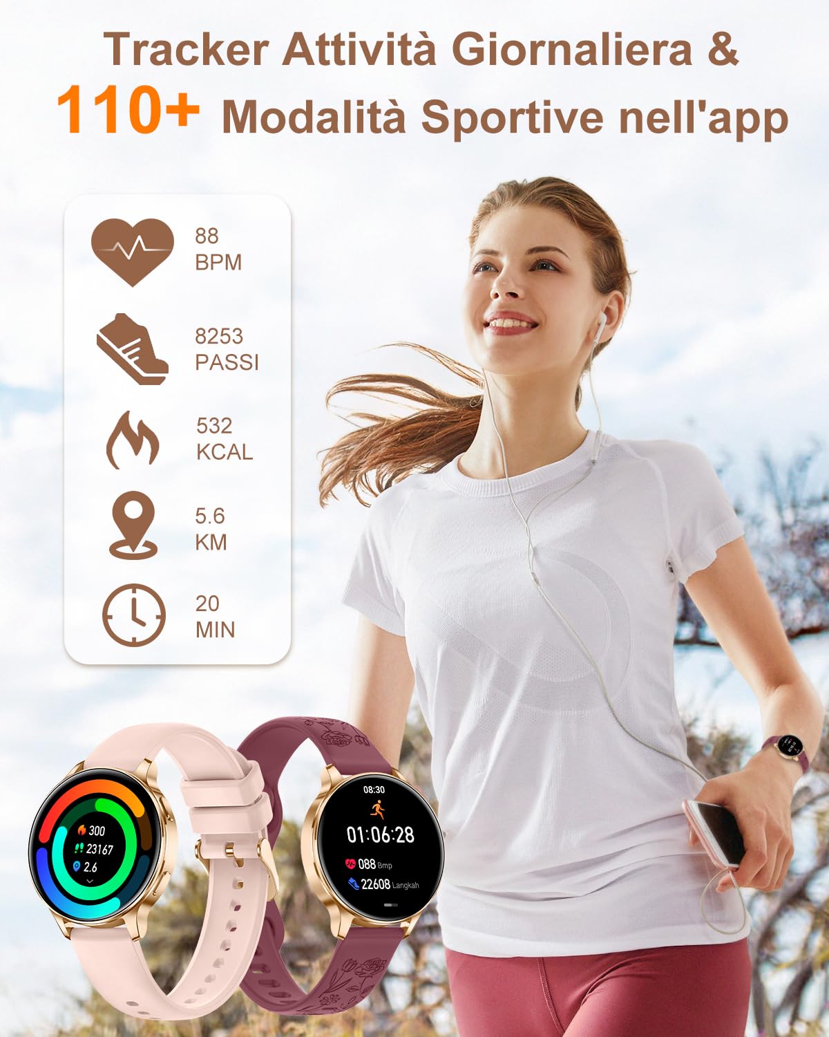 Orologio Smartwatch Donna Piccolo con Effettua/Risposta Chiamate 3 Cinturini 41mm AMOLED Smart Watch Rotondo per iOS Android Orologio Fitness Contapassi Sonno Cardiofrequen Calcolatrice, Oro Rosa