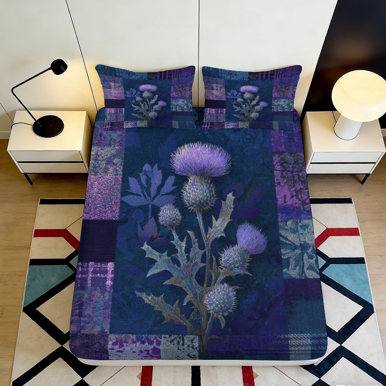 Pnayamiorkfel Style-2 3D Printed Thistle Botanical Fitted Sheet Microfiber Deep Blue Purple Patchwork Bed Cover For Bedroom Guest Room Decor 90X200x25cm