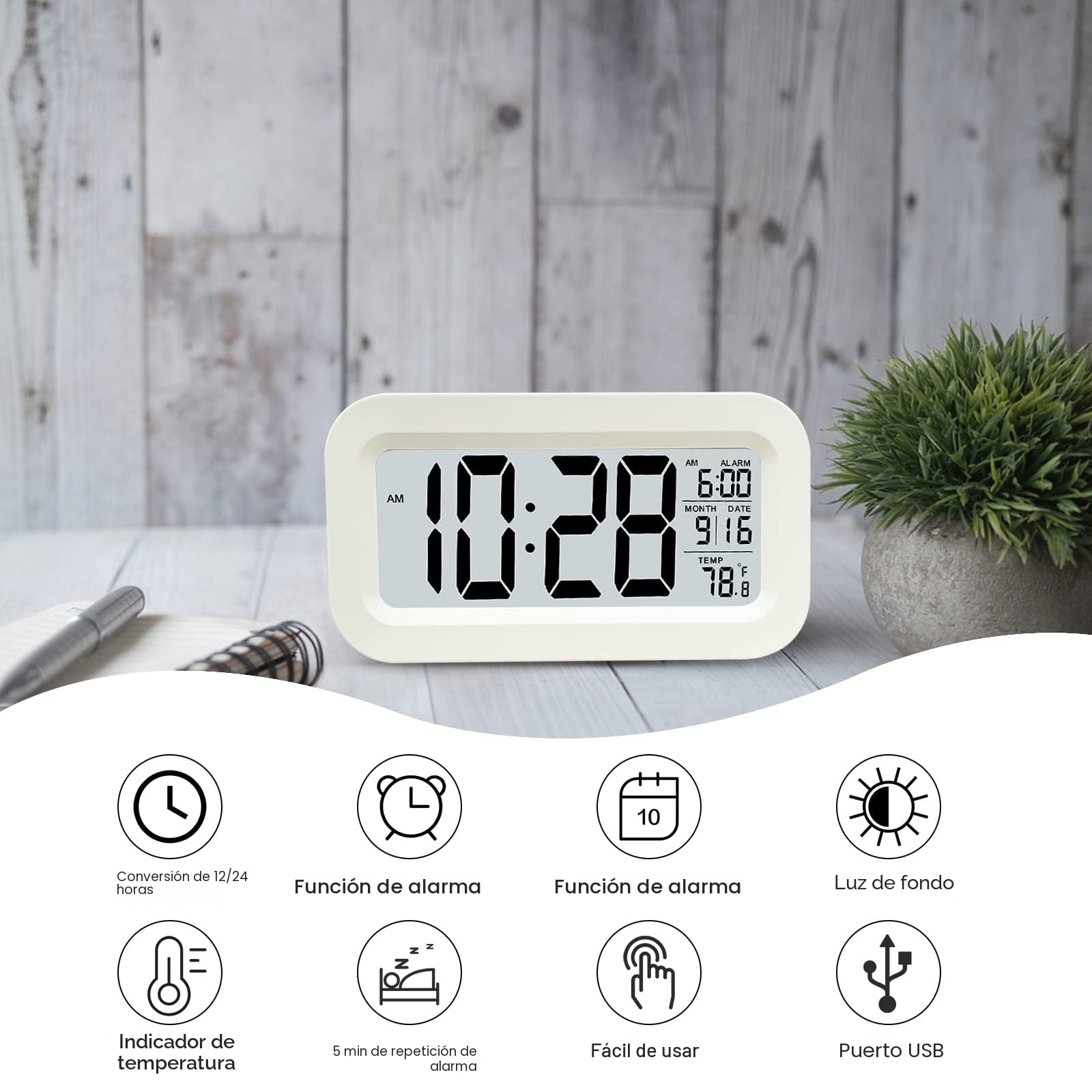 Jsdoin Reloj Despertador Digital, LED Pantalla Reloj Alarma Inteligente con Temperatura, Sensor de Brillo, 12/24 Horas, Función Snooze y Alarma para Dormitorio, Hogar, Oficina(Recargable,Blanco)