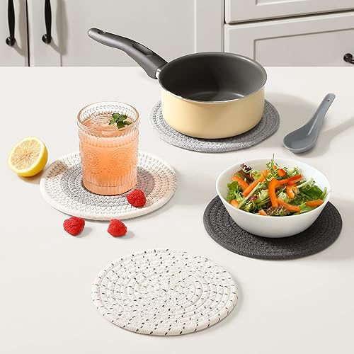 Miniatura 6 de Juego de 5 salvamanteles para platos calientes, juego de agarraderas 100% algodón tejido para ollas calientes, posavasos de granja, almohadillas