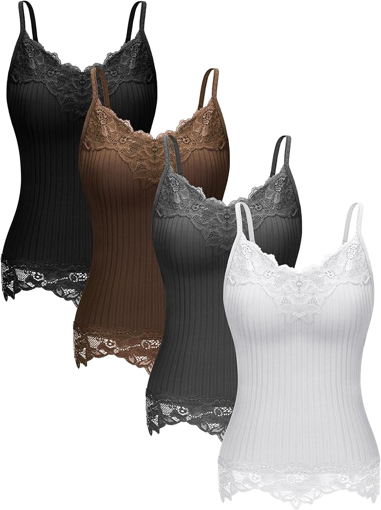 Fourluoo 4 Pcs Women's Long Lace Tank Tops lace Camisole Patchwork