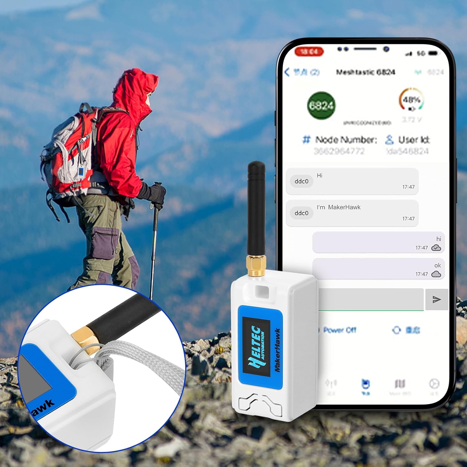 A person hiking with a MakerHawk N30 device, showing its display and a smartphone screen with the Meshtastic application interface.