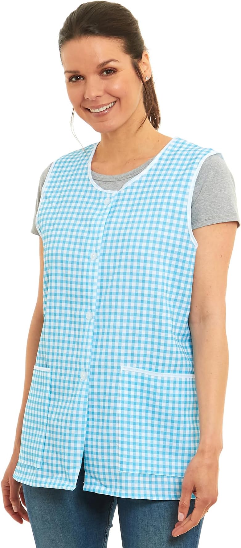 Ladies Gingham Buttons Through Design Piping Tabard Apron Overalls Front Pockets Stylish Tabards for Women Casual Aprons for Women to Use in Home Kitchen Restaurants Coffee Shops UK Made