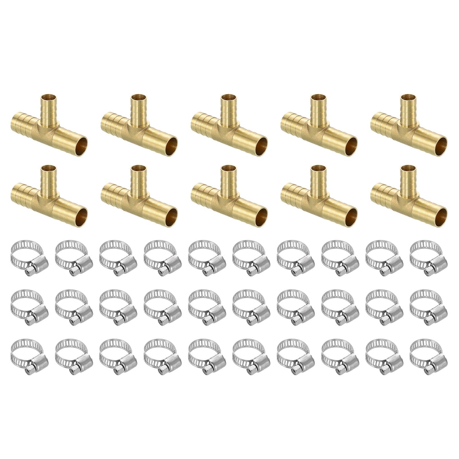 QUARKZMAN 10 piezas de Conectores de Manguera de Latón, Tee de 3 vías 5/8" Barbed x 1/2" Barbed x 5/8" Barbed Reductor de Manguera, Conector de Tee de Latón con 30 abrazaderas de manguera