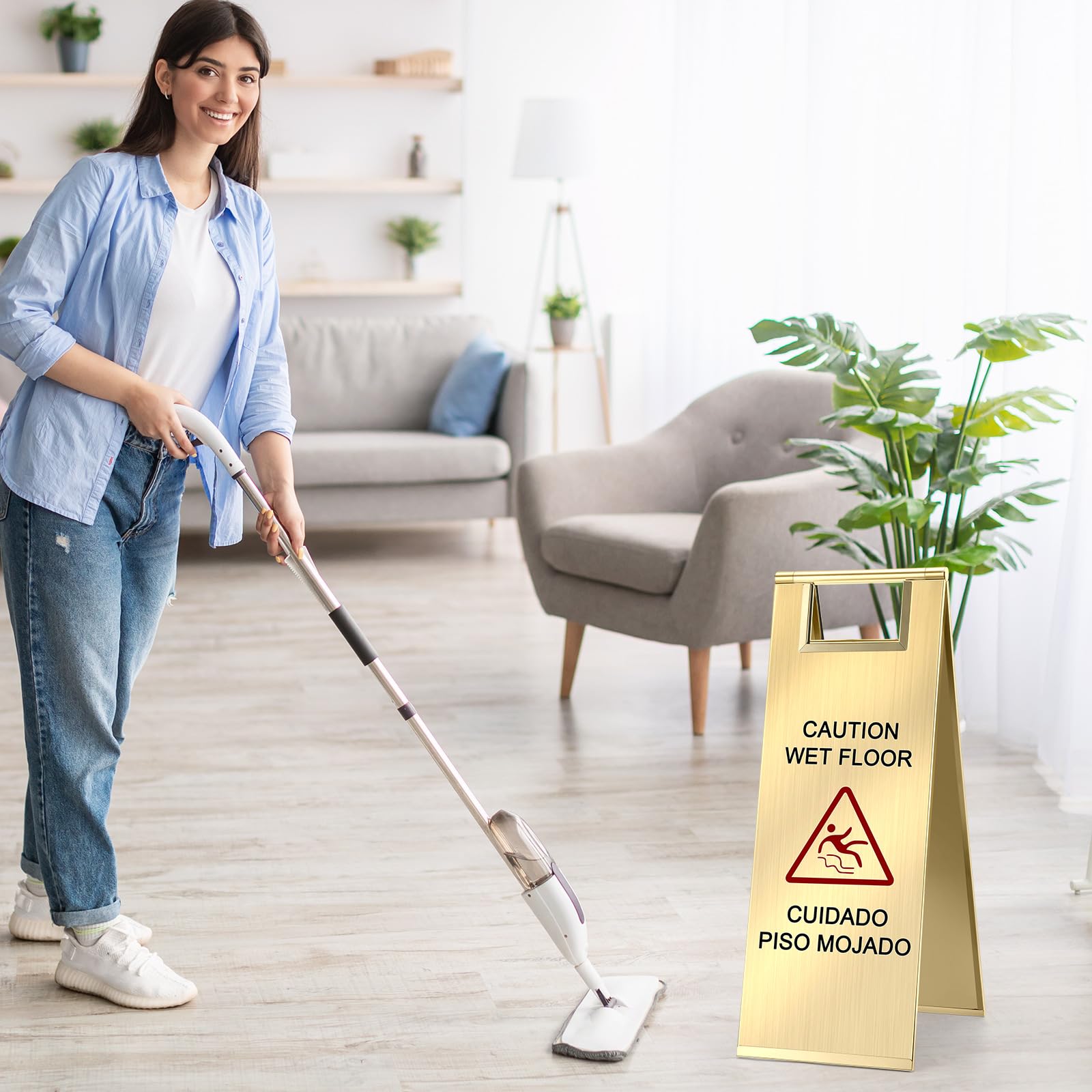 LEIFIDE 4 letreros de precaución de acero inoxidable para suelo húmedo, a granel, mango plegable portátil, señal de seguridad bilingüe para cocina, restaurante, tienda, uso comercial, evita caídas y