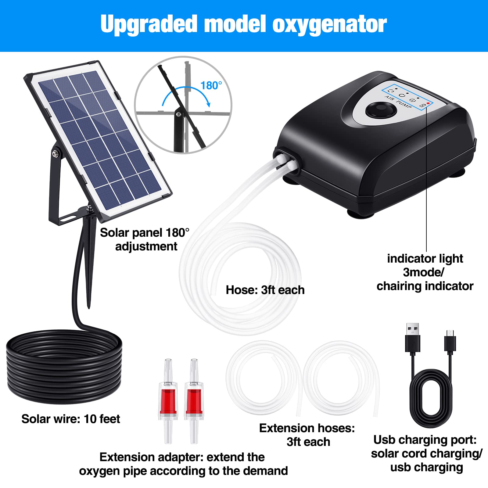 Palmcee Pompe solaire pour étang - Pompe à air solaire portable pour aquarium - 260 mAh - Pompe à oxygène solaire avec tuyau d'oxygène et pierre à bulles d'air pour le jardinage, le bain de colibri,