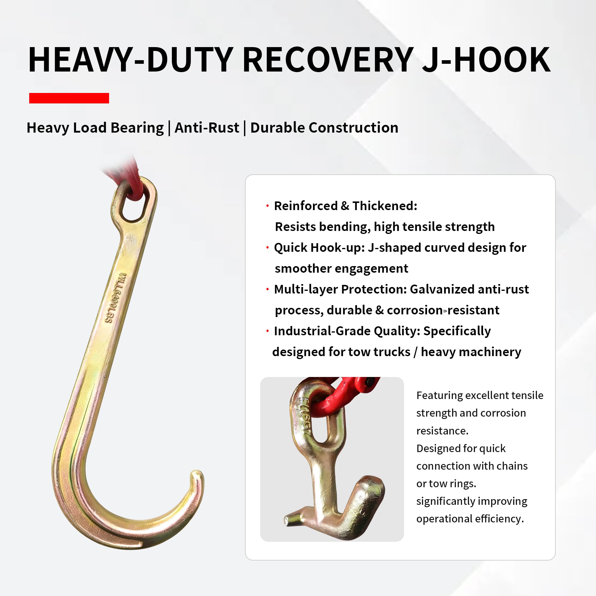 Wytrzymały łańcuch holowniczy V-Bridle, 1 cm x 0,6 m, potrójny hak z hakiem J 38 cm, bezpieczne obciążenie robocze 3538 kg do regeneracji ciężarówek i transportu sprzętu