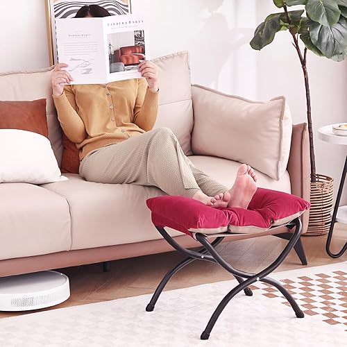 Miniatura 2 de LITA Taburete reposapiés tapizado plegable, moderno y pequeño otomano portátil con cojín de algodón grueso desmontable acolchado con marco de metal