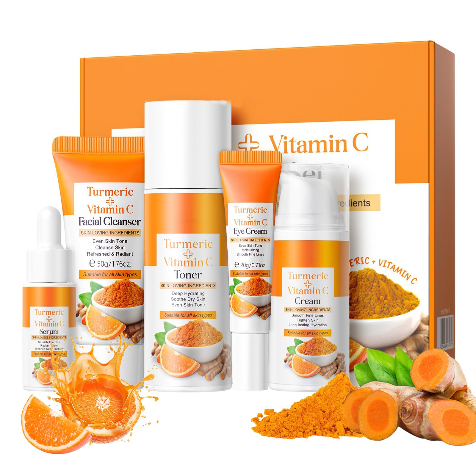 Weixinbuy Turmeric Vitamin C Skincare Set, 5 In 1 Women Gift Set Turmeric Face Cleanser Toner Serum Eye Cream and Face Cream