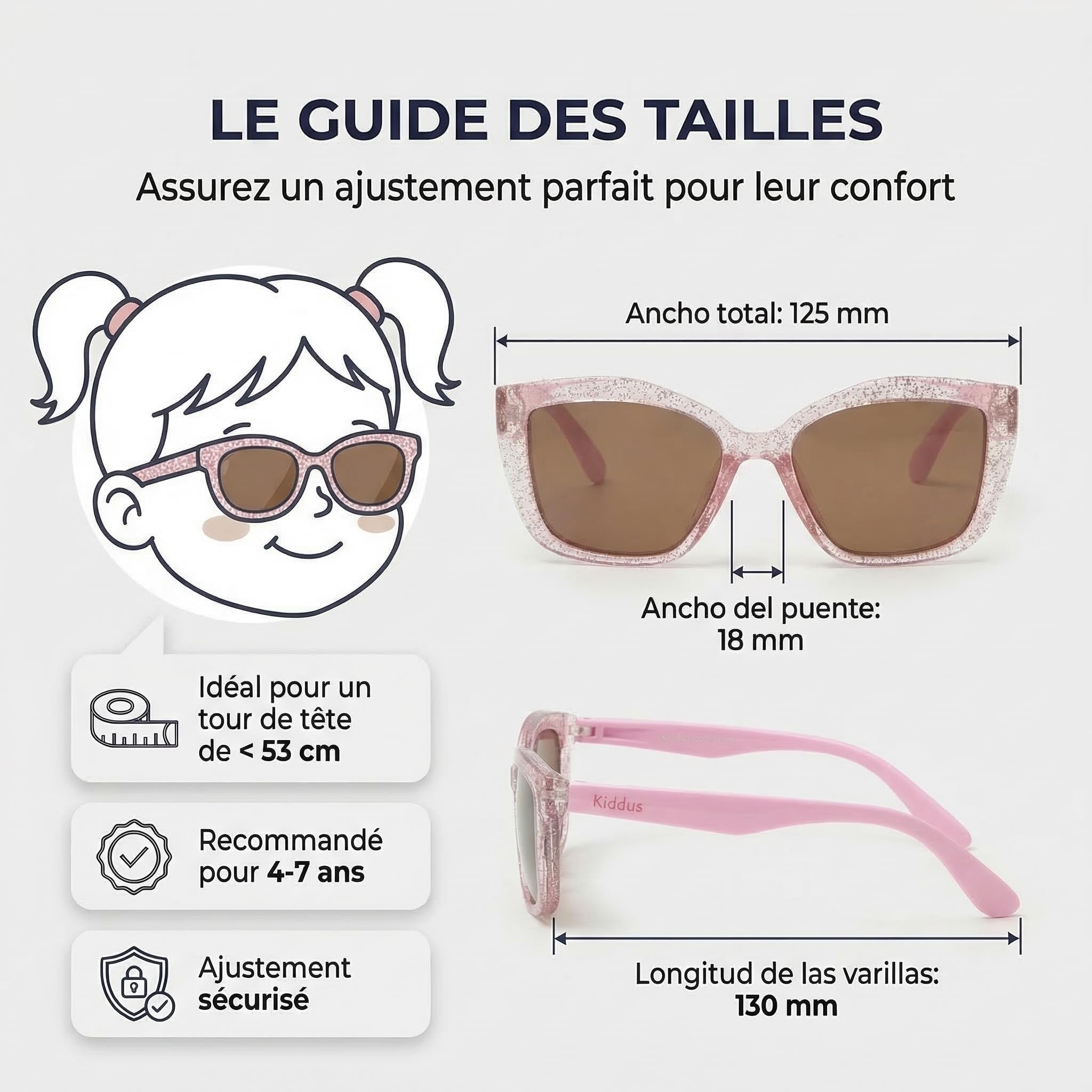 Kiddus Lunettes de Soleil Fille 4-8 Ans, Polarisées UV400 CAT3, Monture TR90 Flexible, Branches TPE, Pont en Silicone, Certifiées CE ISO REACH