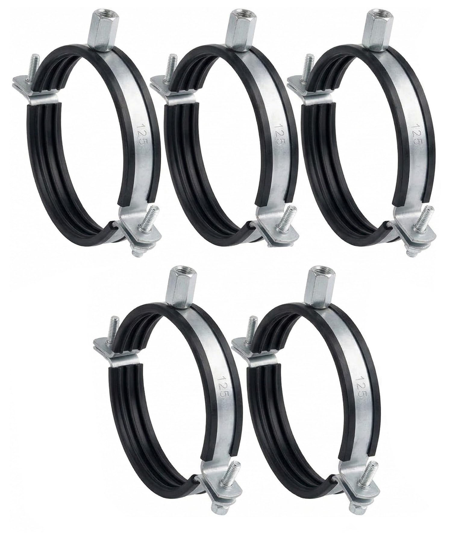 5pcs, Duct Clamp 125mm / 5 inch Bracket with Rubber Gasket, M8/M10 Thread, Steel Pipe Hanger 5 inch for Spiral Duct, Ventilation Pipe, Downpipe, Pipe Holder Wall or Ceiling Mount, by Steinberg14 โ image 1