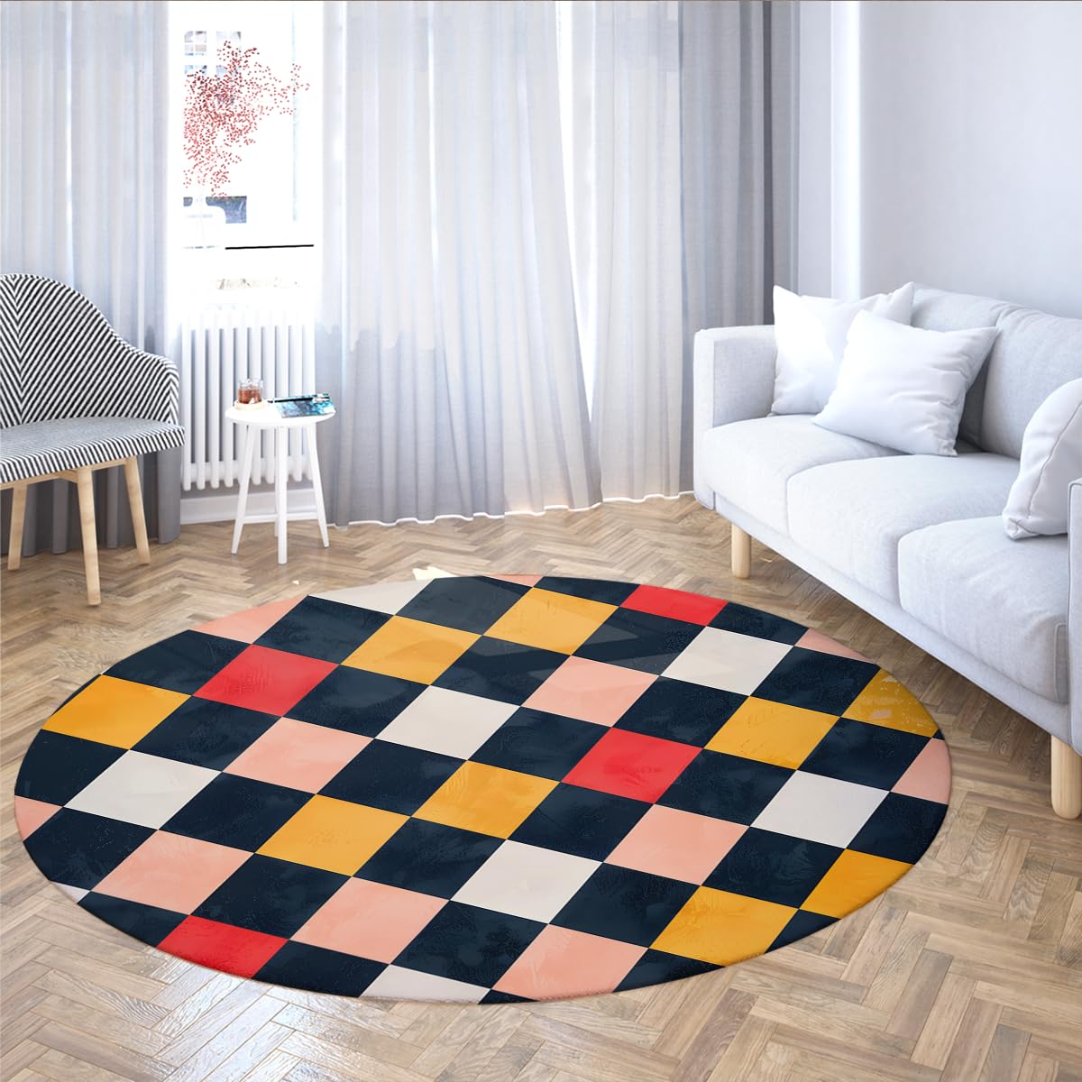 Tapis rond à carreaux 160cm lavable et géométrique pour salon