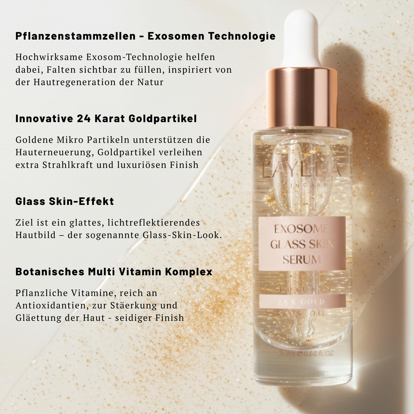 L'AYLLA Exosome Glass Skin Serum 20 ml - Cam Cilt Görünümü Veren Aydınlatıcı Serum | 24K Altın ve Goji Eksozomu ile Işıltı Veren Yaşlanma Karşıtı Bakım - Longevity Skincare