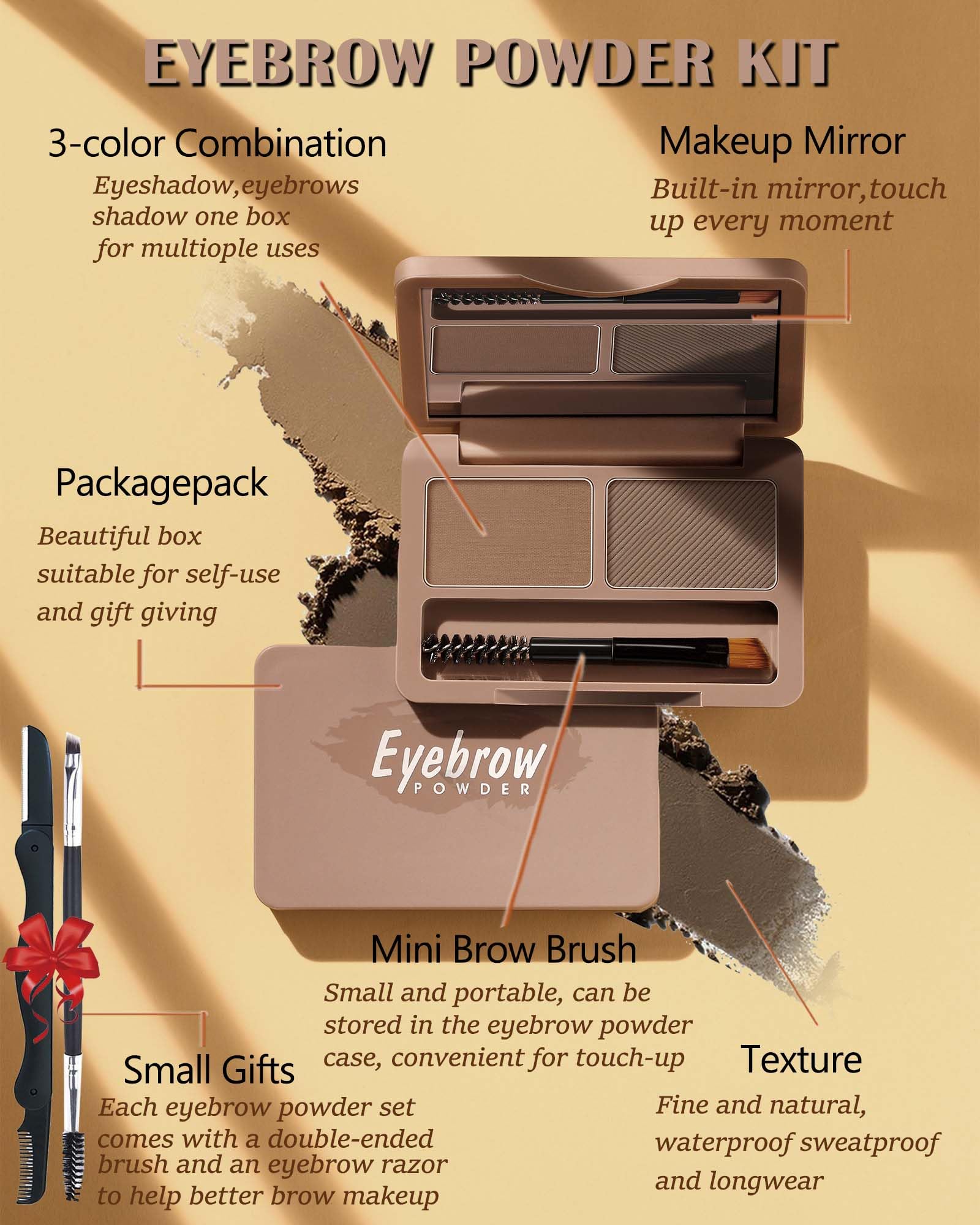 Eyebrow Powder Kit-2 Colors Soft Eye Brow Tinted Powder Palette, Waterproof & Long Lasting Natural Gray Brown Brow - Image 3