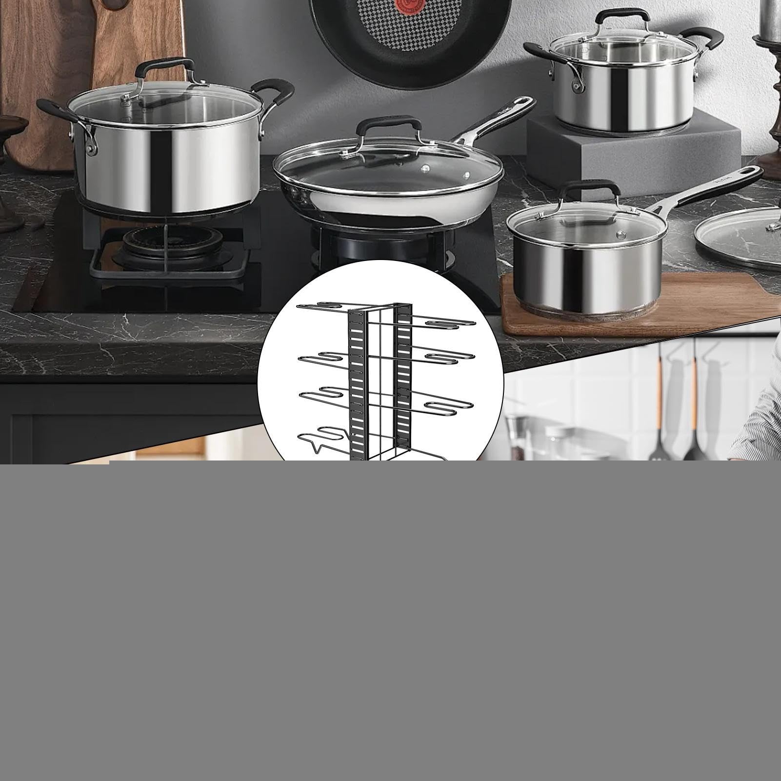Estante extensible para sartenes, 12 compartimentos ajustables, sin taladro, adhesivo para montaje en pared, soporte para ollas y tapa, solución de almacenamiento de cocina para armarios y armarios