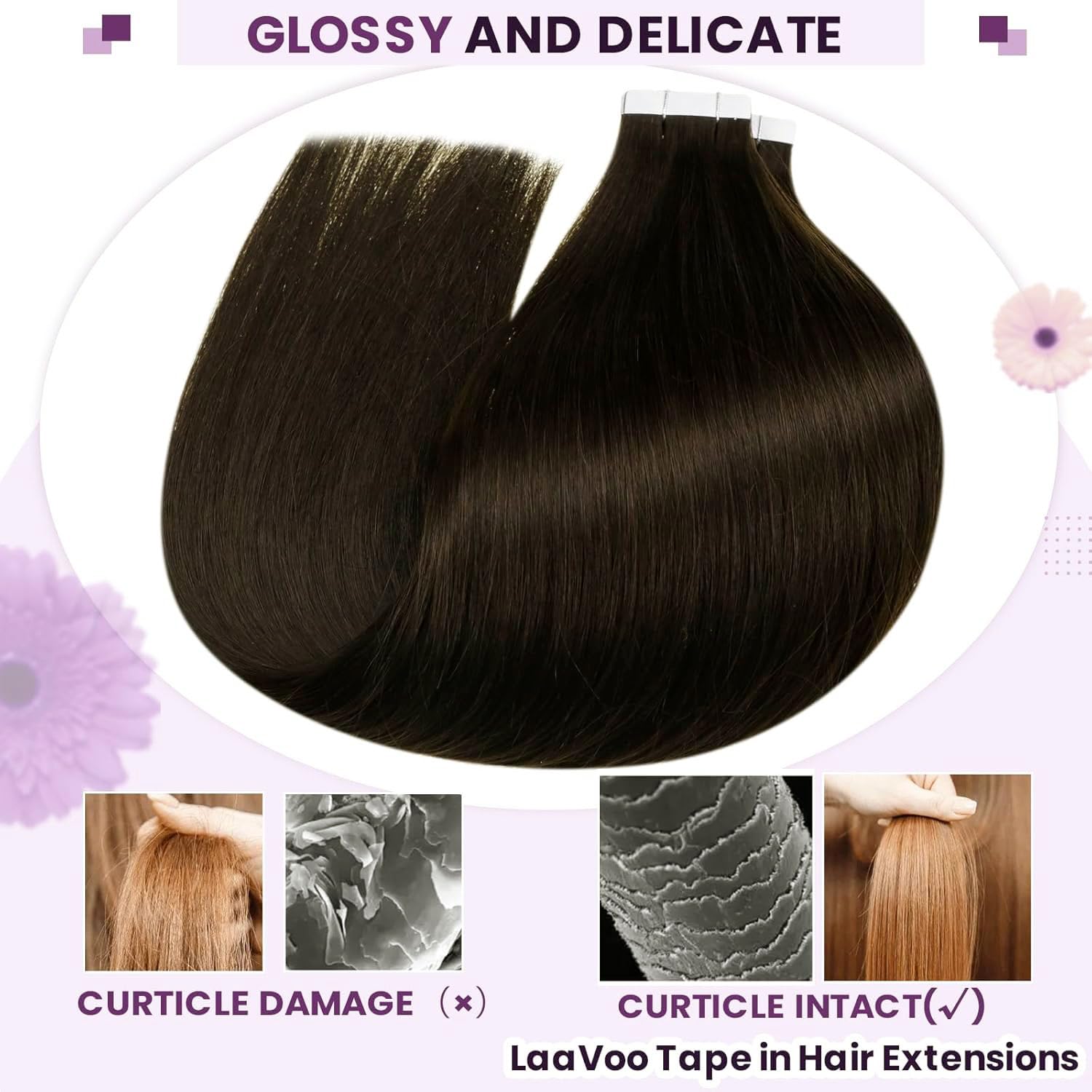 LaaVoo Tape in Hair Extensions Human Hair Dark Brown Tape Hair Extensions Real Human Hair Invisible Tapes Remy Straight Darkest Brown Hair Double Sided Tabs 20pcs 50g 18 Inch #2 - Image 4