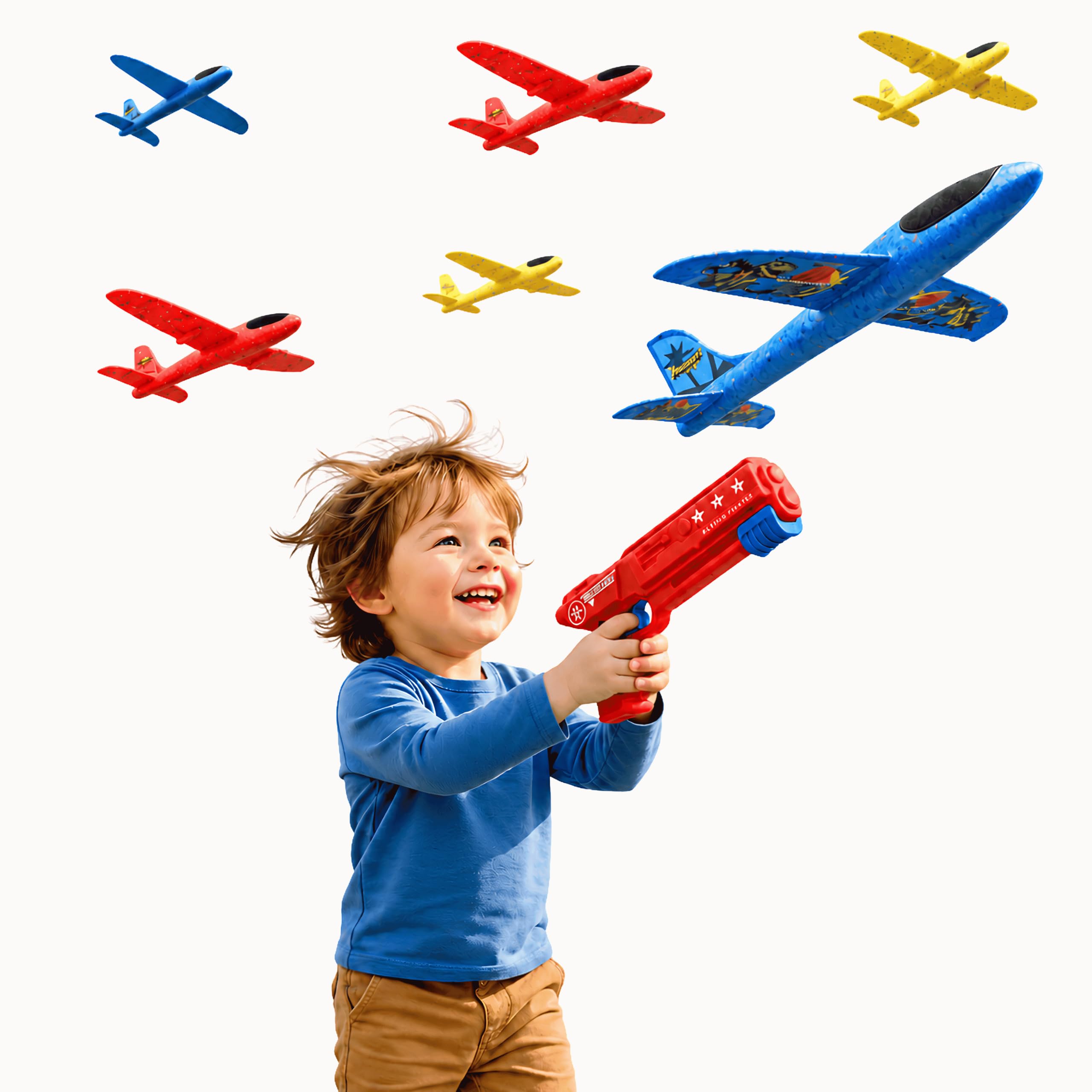SALTEASY Airplane Launcher Toy 3 Pack Foam Glider Planes, 2 Flight Modes Led Lights & Stickers Indoor & Outdoor Educational Toy, for Boys Girls Birthday Gift Ages 3-10