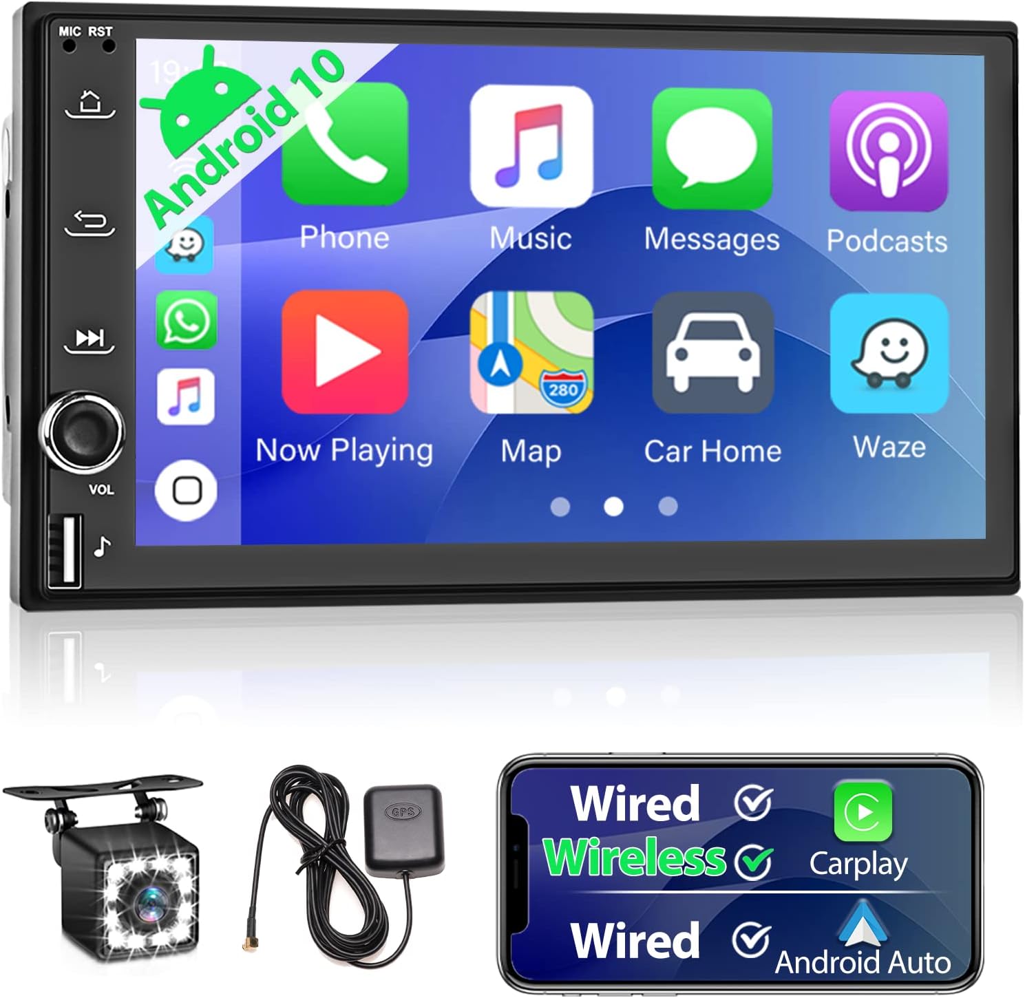 Hikity Double Din Android 10 Car Stereo with Wireless Carplay Bluetooth