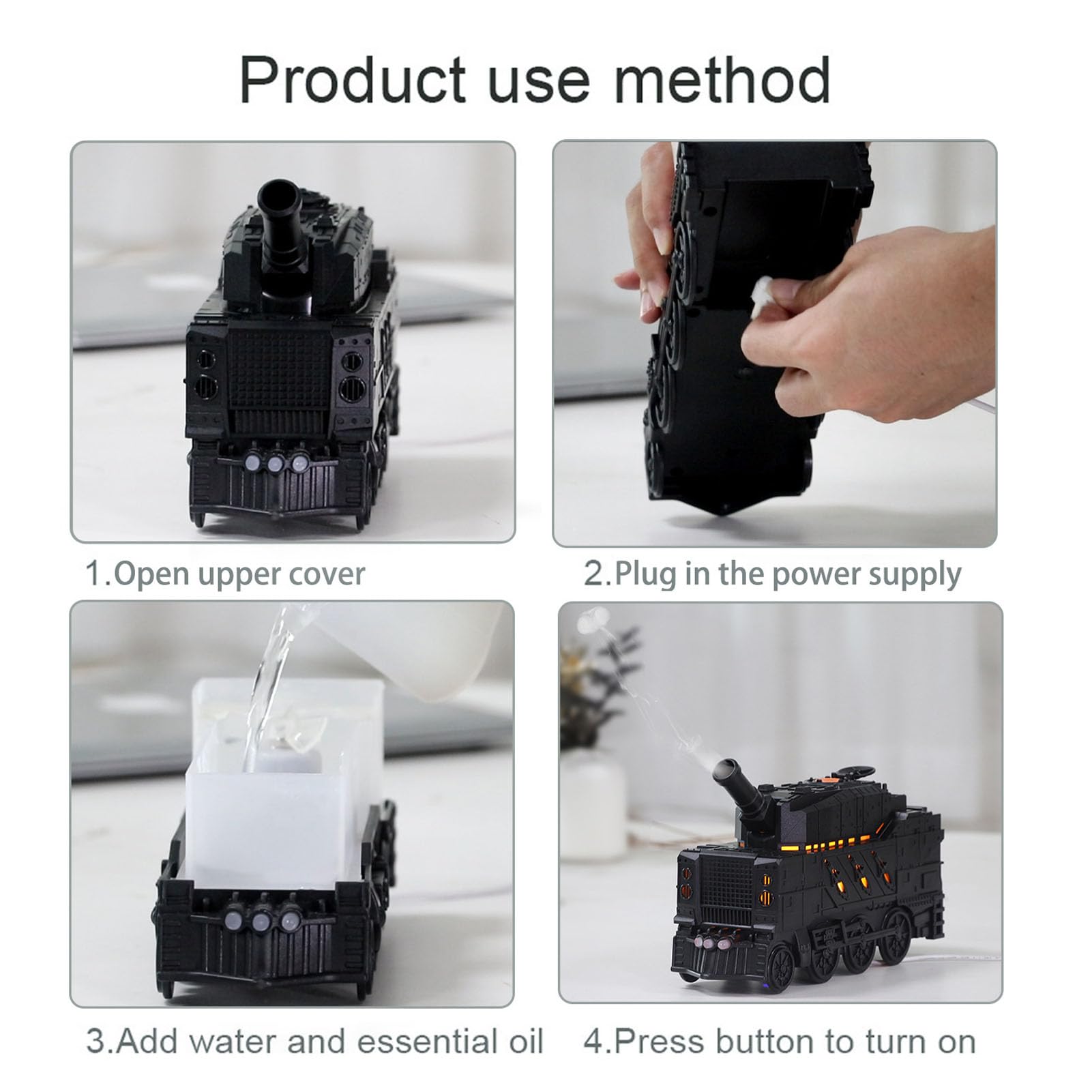 Fockety Difusor de Aceites Esenciales, Humidificador con Forma de Tanque de 300 Ml con 2 Modos de Pulverización, Luces Nocturnas LED, Humidificador de Niebla Fría con Control Remoto para