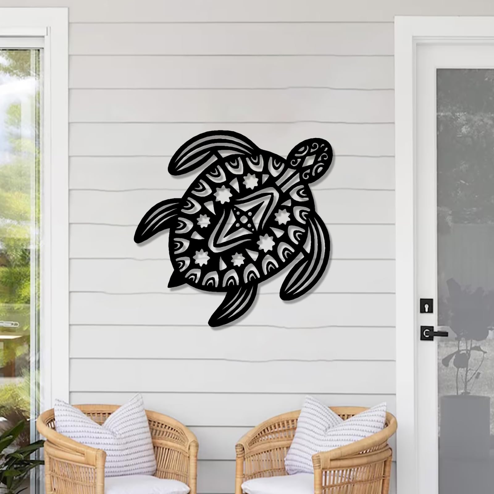 Współczesna abstrakcyjna metalowa dekoracja ścienna żółw morski, sztuka, życie, tematyczny nowoczesny design ocean sztuka zewnętrzna (60 x 60 cm, złoty)