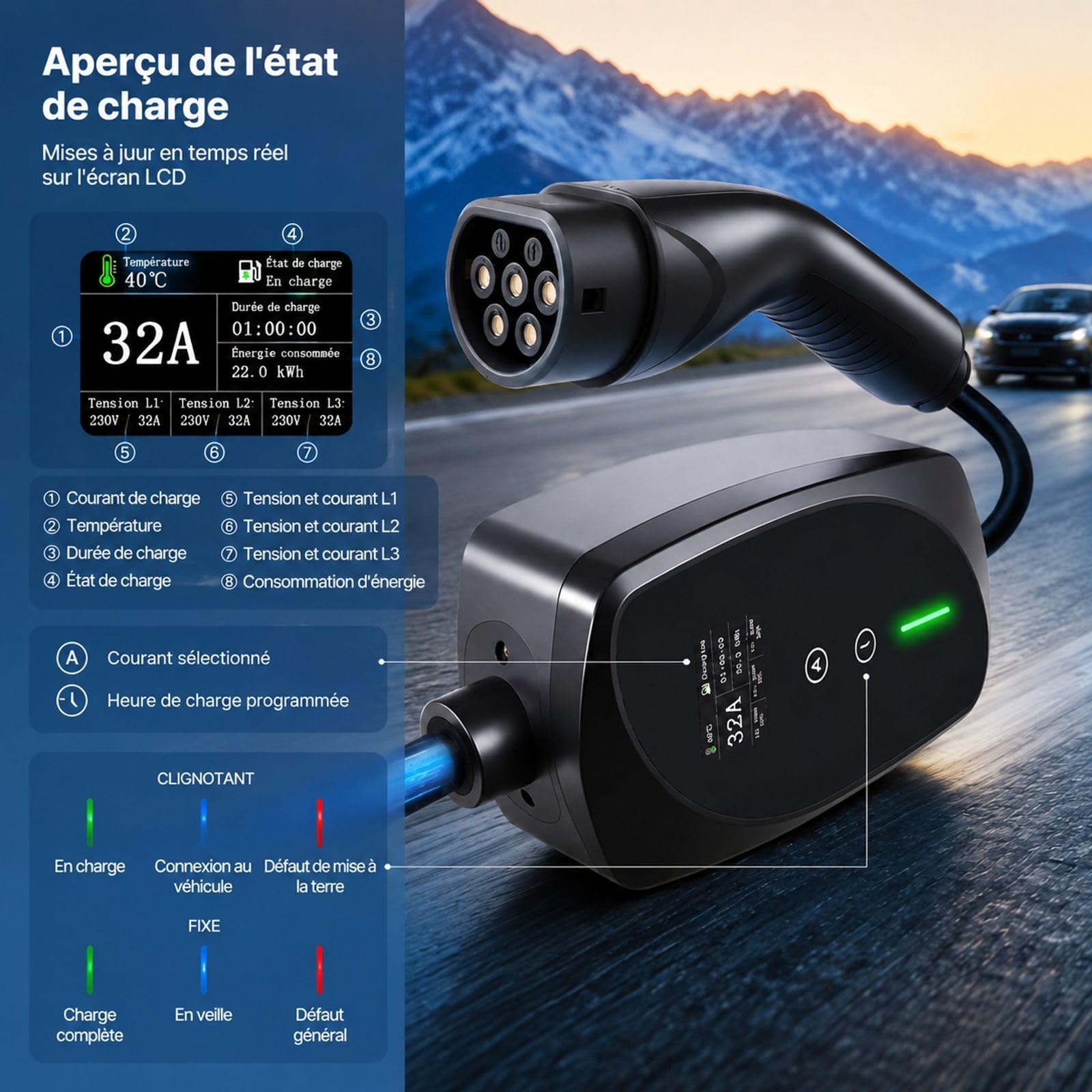 Borne Mobile pour véhicule électrique 22 KW 32 A Type 2 triphasée avec câble 7 m, Prise CEE 32 A et écran LCD