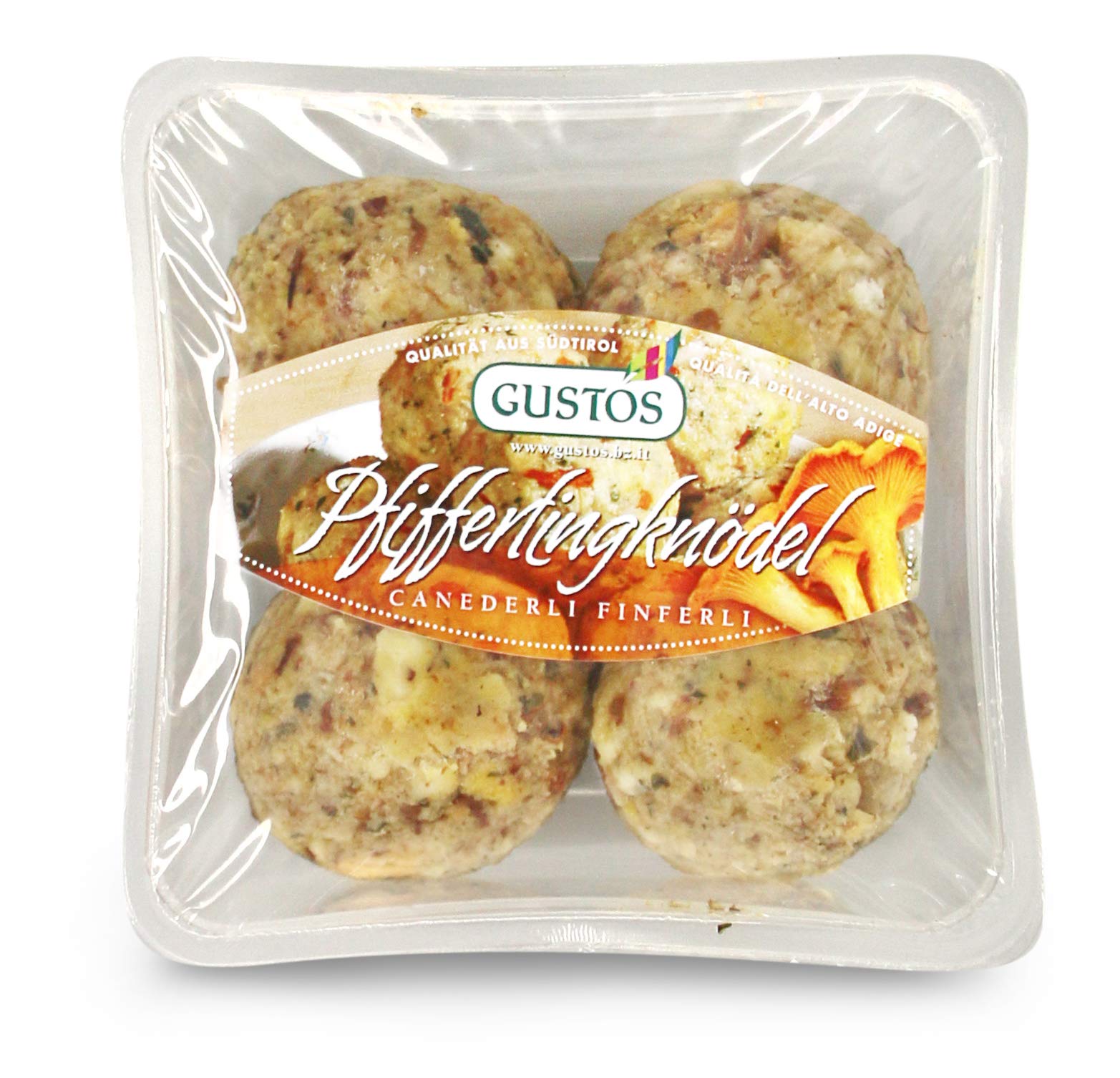 GUSTOS - 3 Packungen Pfifferlingsknödel von Gustos, jeweils 4 Stück. Die Knödel mit den leckersten Pilzen überhaupt, hergestellt nach traditionalem Rezept der Südtiroler Küche