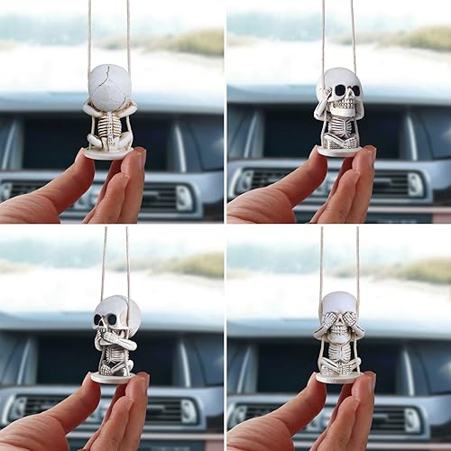 Miniatura 4 de Decoración de calavera para espejo retrovisor, accesorios espeluznantes para árbol de Halloween, adornos colgantes de esqueleto oscilante, adorno
