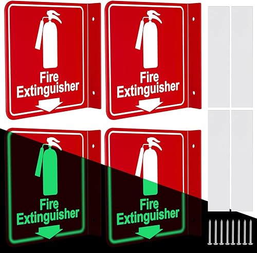 Barydat 4 letreros de extintor de incendios que brillan en la oscuridad con agujeros de montaje preperforados, extintor de incendios con flecha