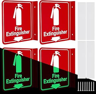 Barydat 4 Pack Fire Extinguisher Signs Glow in Dark with Down Arrow 6" x 6" L-sign Fire Extinguisher Projecting with Pre Drilled Mounting Holes Includes Matching Screws for Home Office Business