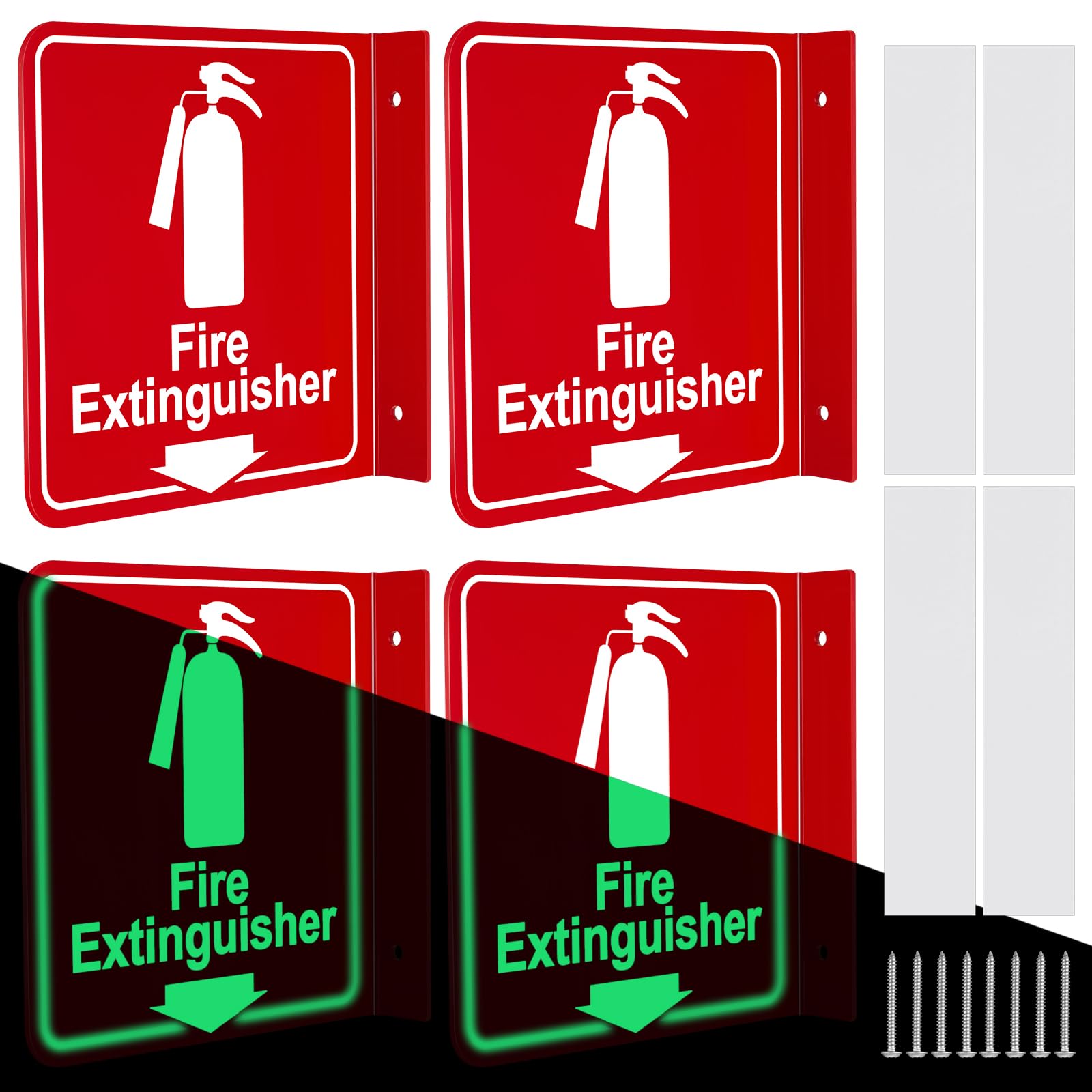 Barydat 4 Pack Fire Extinguisher Signs Glow in Dark with Down Arrow 6" x 6" L-sign Fire Extinguisher Projecting with Pre Drilled Mounting Holes Includes Matching Screws for Home Office Business