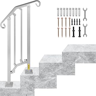 VEVOR Outdoor Stair Railing, Alloy Metal Hand Railing, Fit 1 or 2 Steps Flexible Transitional Handrail, Outdoor Stair Rail W/Installation Kit, Step Handrail for Concrete or Wooden Stairs, Silver