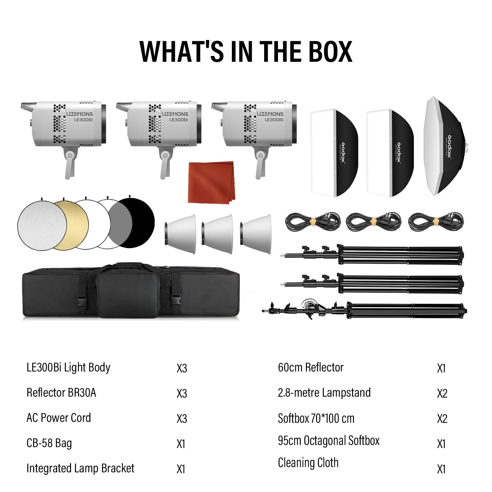GODOX Zestaw oświetleniowy LE300Bi, Godox Litemons LE300Bi lampa wideo ze stojakiem Softbox, uchwytem Bowens, sterowanie aplikacją DMX/Bluetooth, połączenie NFC, 2800K ~ 6500K, 58900Lux@1m, CRI/TLCI98
