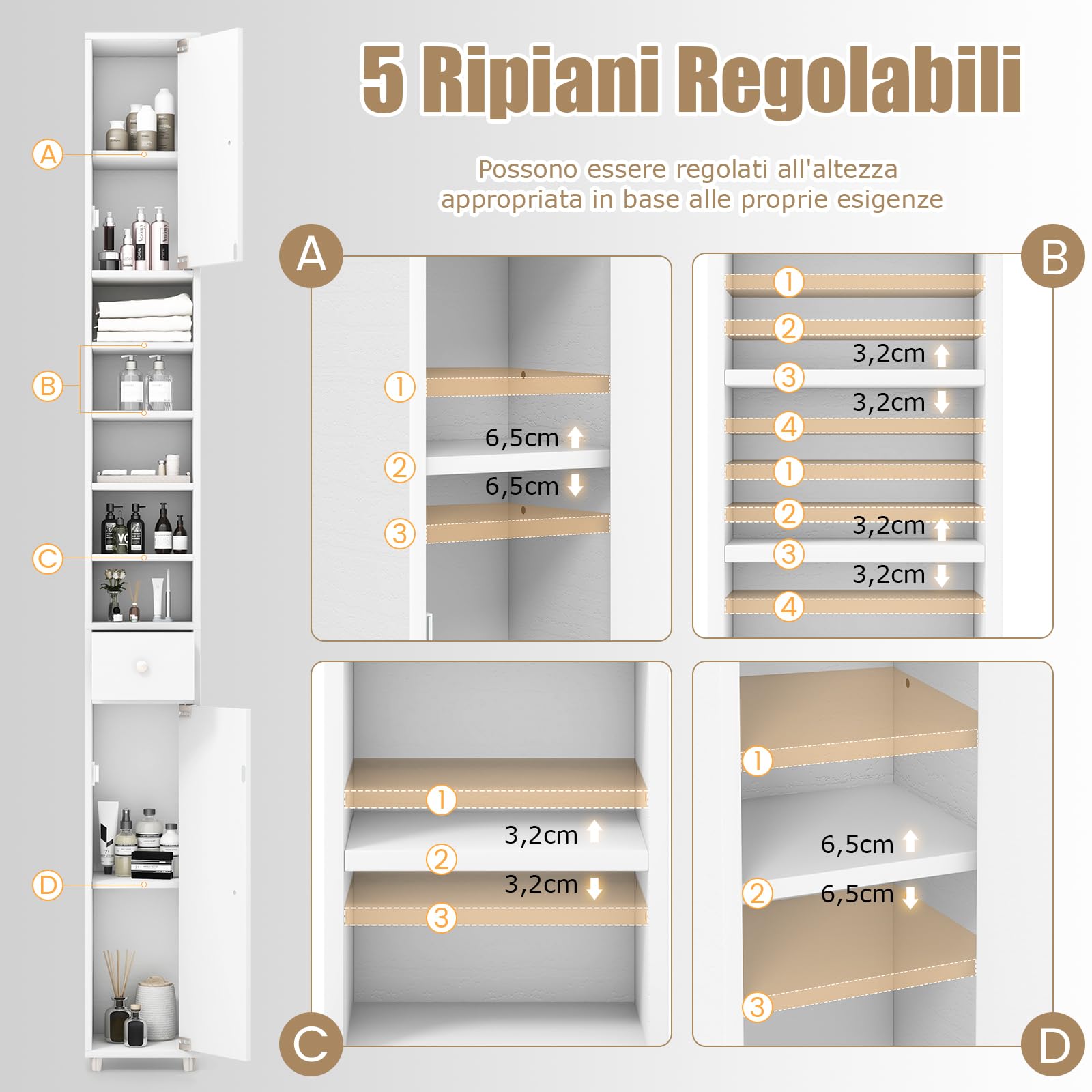 GYMAX Mobile da Bagno Stretto, Armadio Alto Portaoggetti, con 2 Ante, 1 Cassetto, 5 Ripiani Regolabili, Dispositivo Antiribaltamento, Colonna WC per Piccoli Spazi, 20x20x180 cm (Bianco)