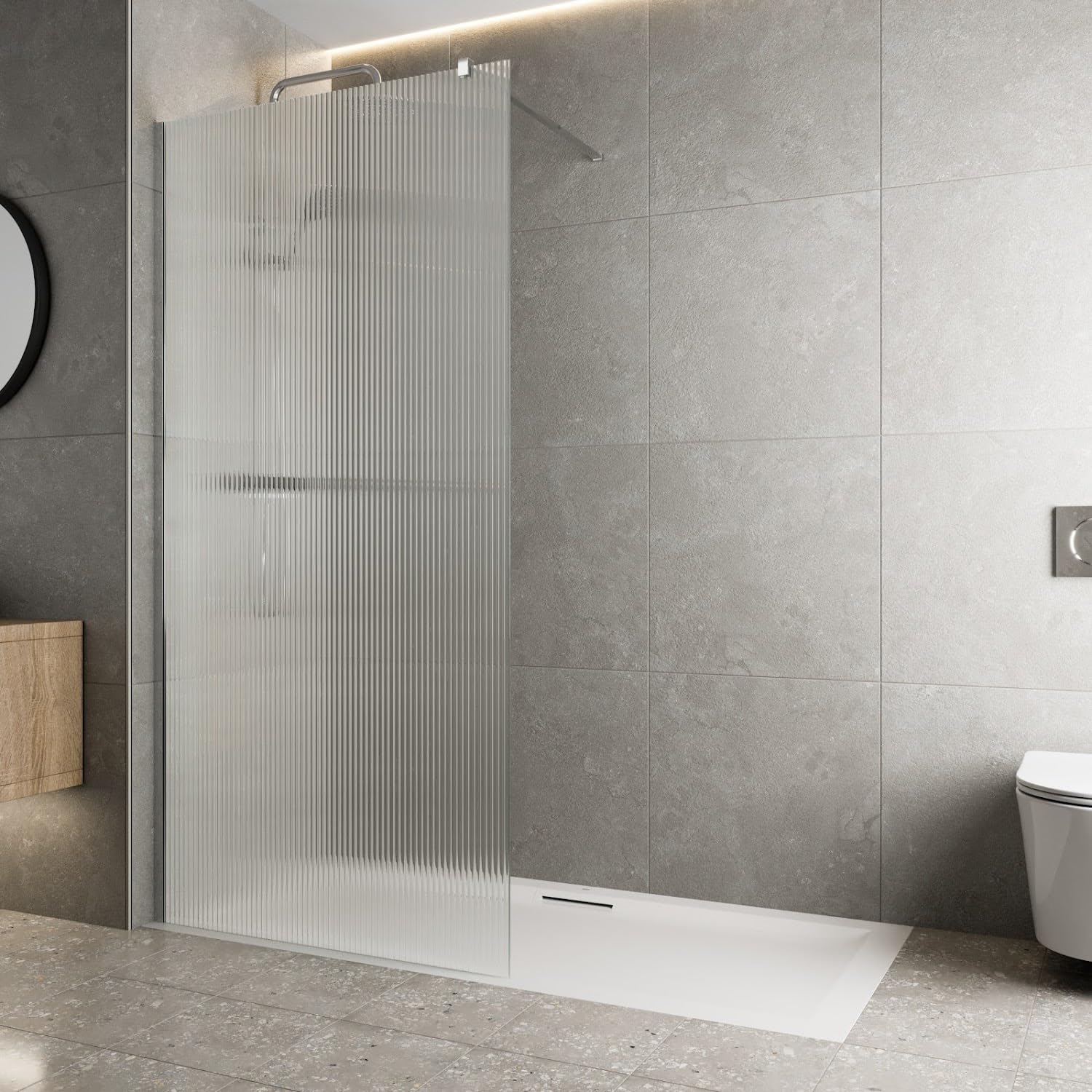 Baystone Chrome Baystone® 800Mm Wet Room Shower Screen Panel 8Mm Fluted Toughened Safety Easy Clean Glass Walk In Shower Enclosure, Frameless Panel,