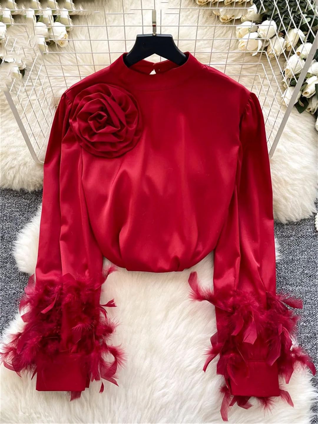 Chemisier en satin à plumes pour femme - Manches longues - Col montant - Haut de bureau