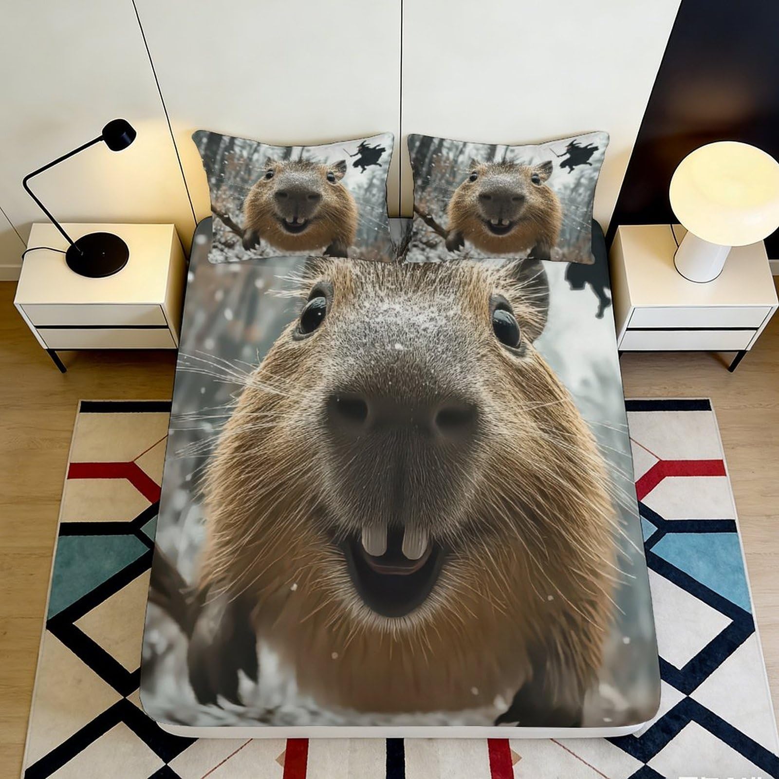 3D Printed Capybara Forest Fitted Sheet Microfiber Soft Anti-Slip Animal Smile Mattress Cover for Bedroom Dorm Decor 140x200x25cm