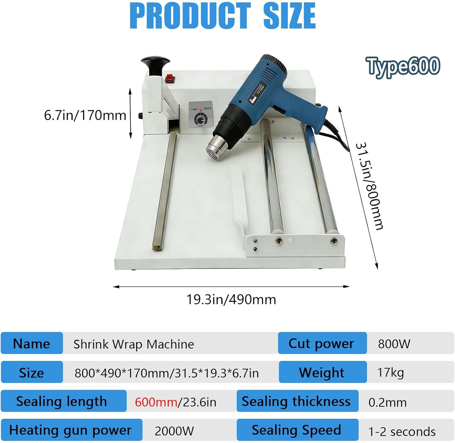 Shrink Wrapping Machine, Shrink Wrap Sealer Laminating Machine w/2000W Heat Gun, Heat Sealer Film Sealing Machine, 9 Levels Temperature Adjustmen SKA600