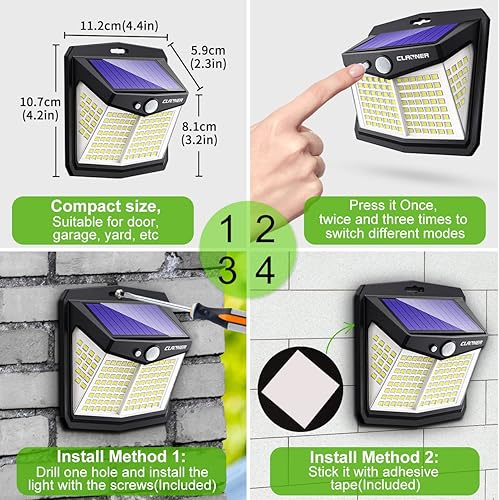 Miniatura 6 de Claoner - Luces solares con sensor de movimiento 128 LED4 paquetes, luces para exterior con 3 modos de iluminación con 270 de angulo, para pared,