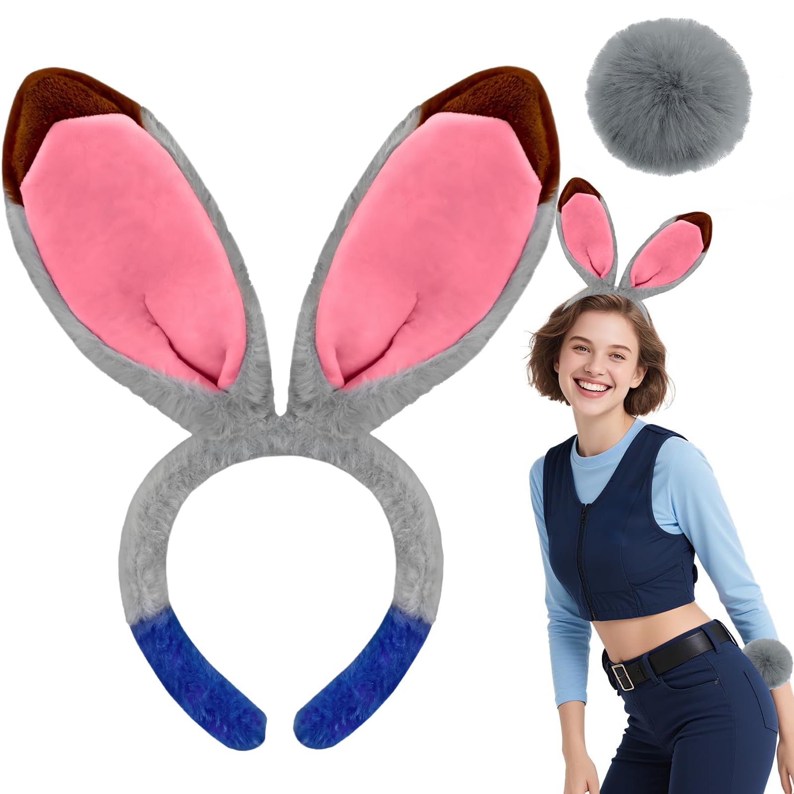 BFSYRR Bunny Ears,World Book Day Costumes for Girls,Bendable Gray Bunny Ears Headband and Bunny Tail Set,Plush Bunny Outfit Accessories for Halloween Cosplay Carnival and World Book Day