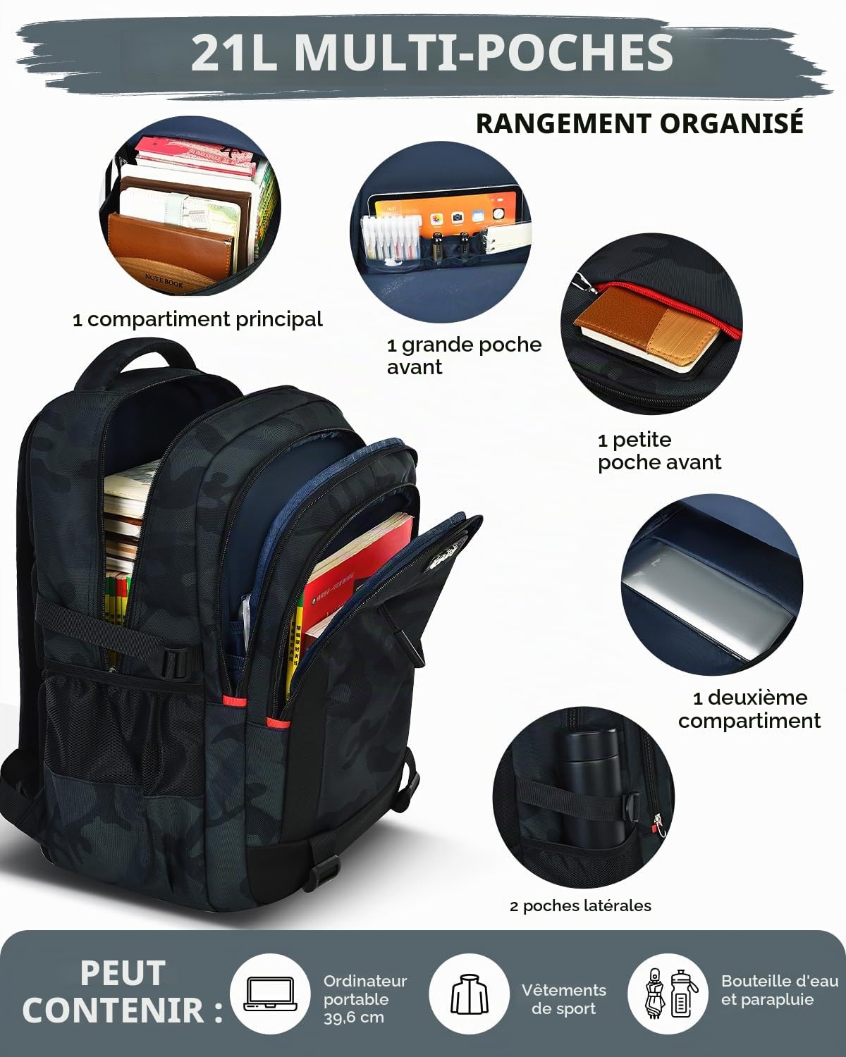 Amythe Sac à dos Ado Garçon École Voyage Université | Sac à dos Ergonomique Camouflage Adulte 30L Grande Capacité Imperméable