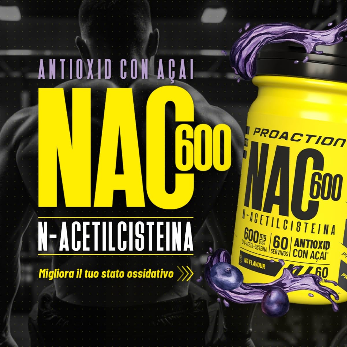 Proàction Nac 600-60 cpr Antiossidante naturale con Acaì. Senza Glutine e Senza Lattosio. Ideale per recupero muscolare