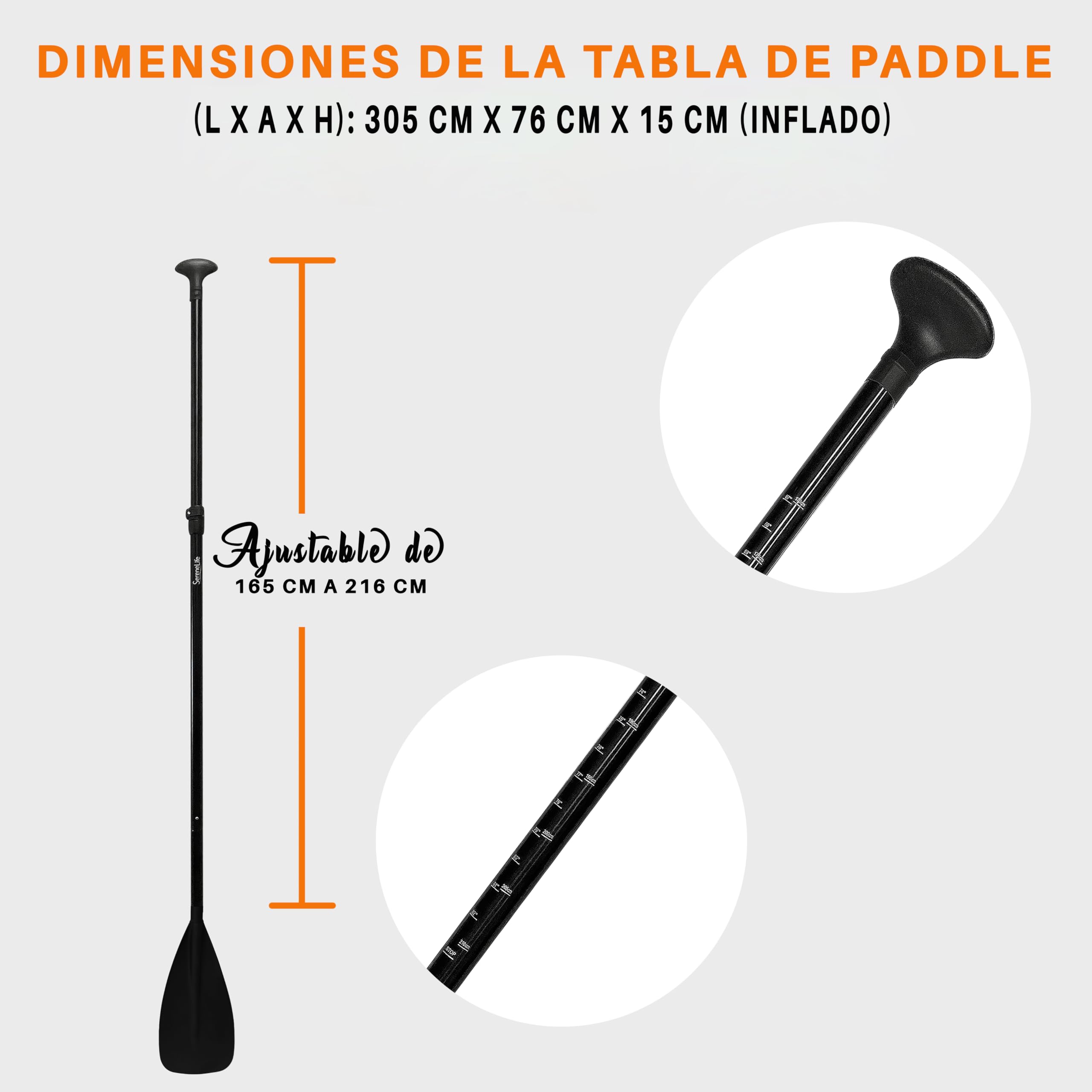 SereneLife remo paddle surf hinchable, Pala, Ajustable, Estable, Liviano, Desmontable
