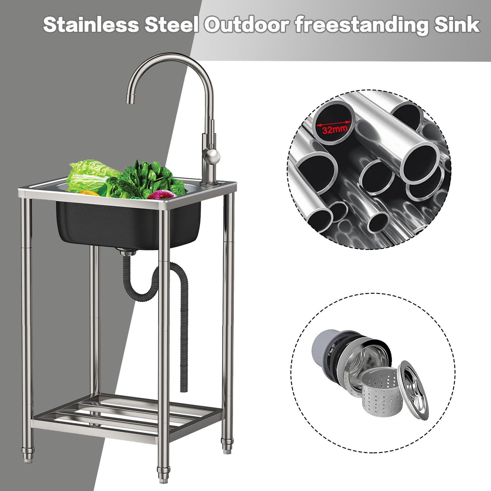 Evier inox Extérieur avec Robinet Chaud et Froid,Éviers De Cuisine Commercial 1 Bac Mobile Évier Sur Pieds Lavabo de Jardin Portable Multifonctionnel,pour Restaurant Garage